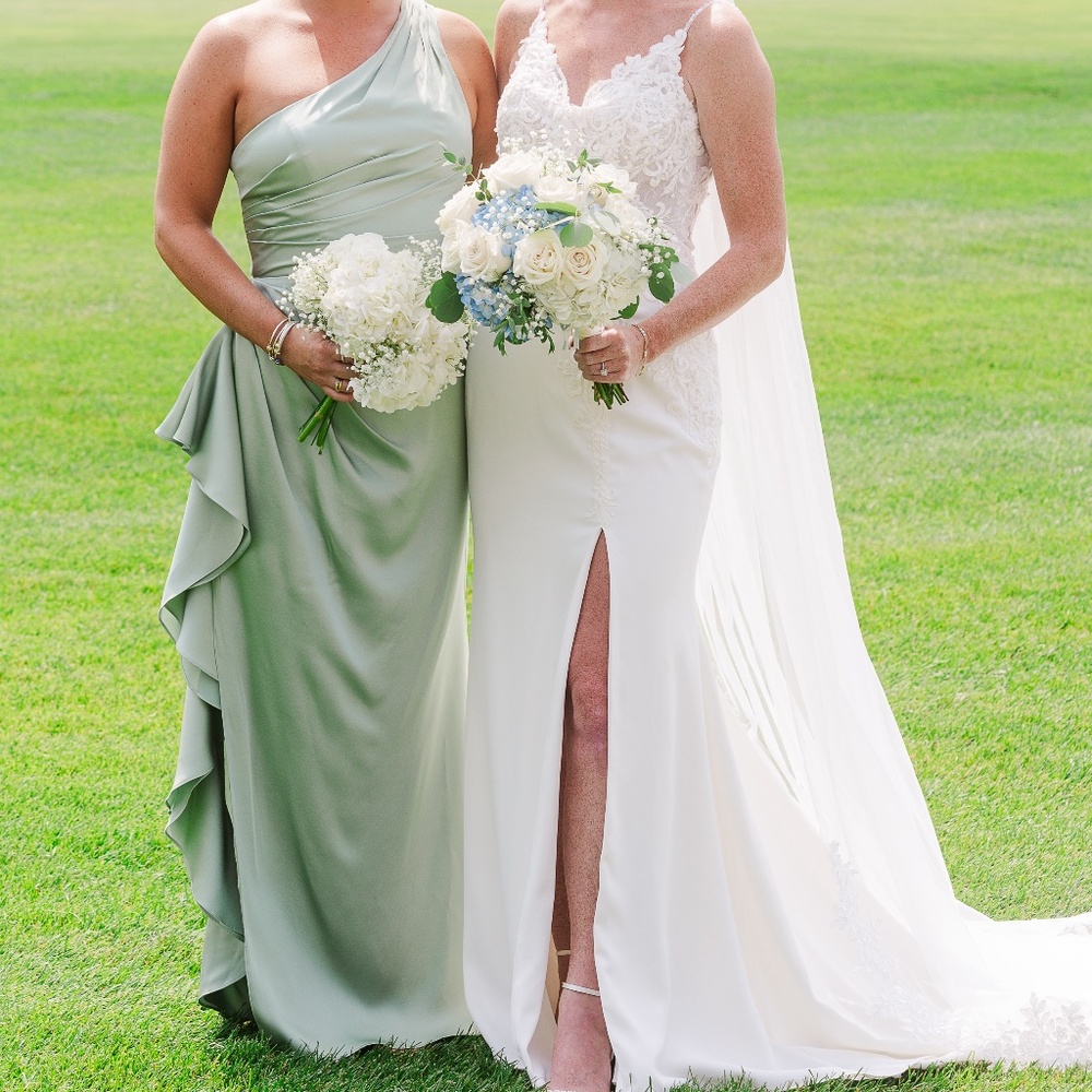 Sage Green one shoulder ruffle satin dress